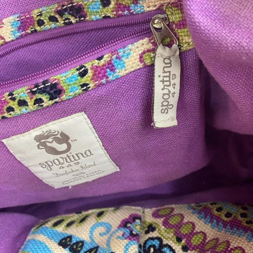 Spartina 449 Floral Multicolor Linen‎ Fabric with Black Leather Trim Tote Bag